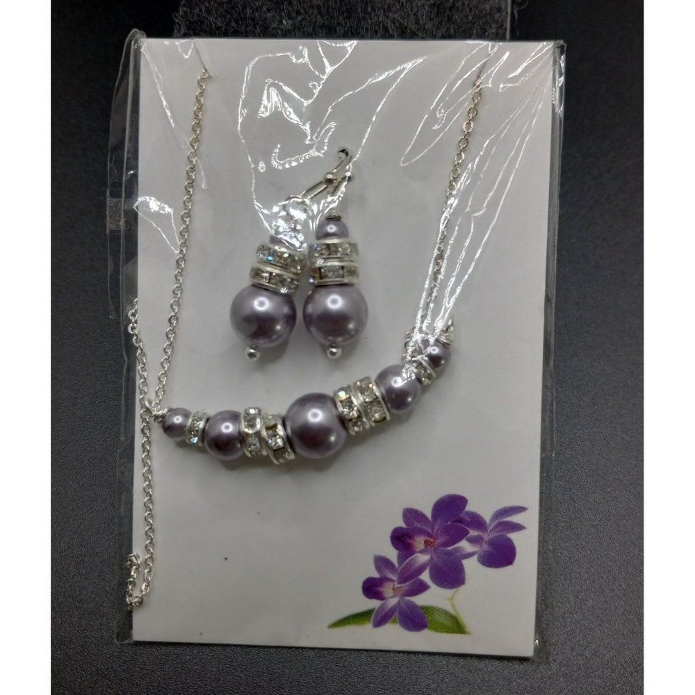 NWT Alex Andreas Lavender Pearl Rhinestone Necklace Dangle Earrings Silver Tone
